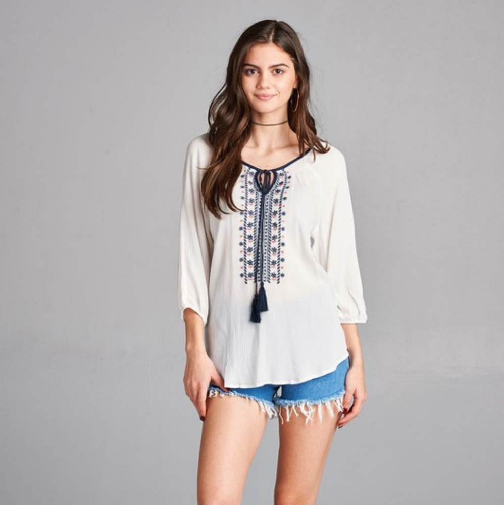 Embroidered Peasant Top with Tassels